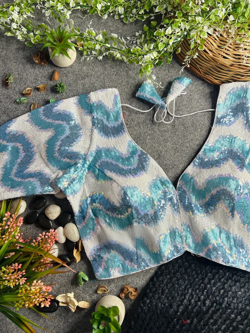 Sky Blue Multi Sequin Magic – V-Neck Designer Blouse
