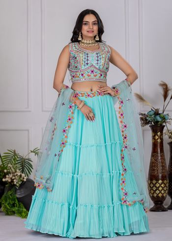 Sky Lehenga Choli With Embroidery With Multi Thread  Sequence Work