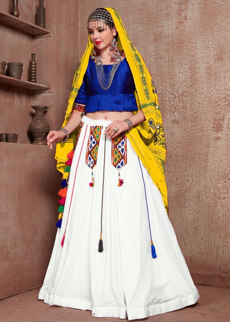 White And Blue Navratri Chaniya Choli With Gamthi Work Butta And  Tassels Lace