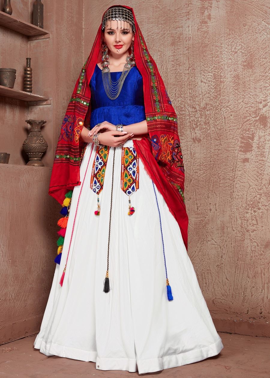 White And Blue Navratri Chaniya Choli With Gamthi Work Butta And  Tassels Lace