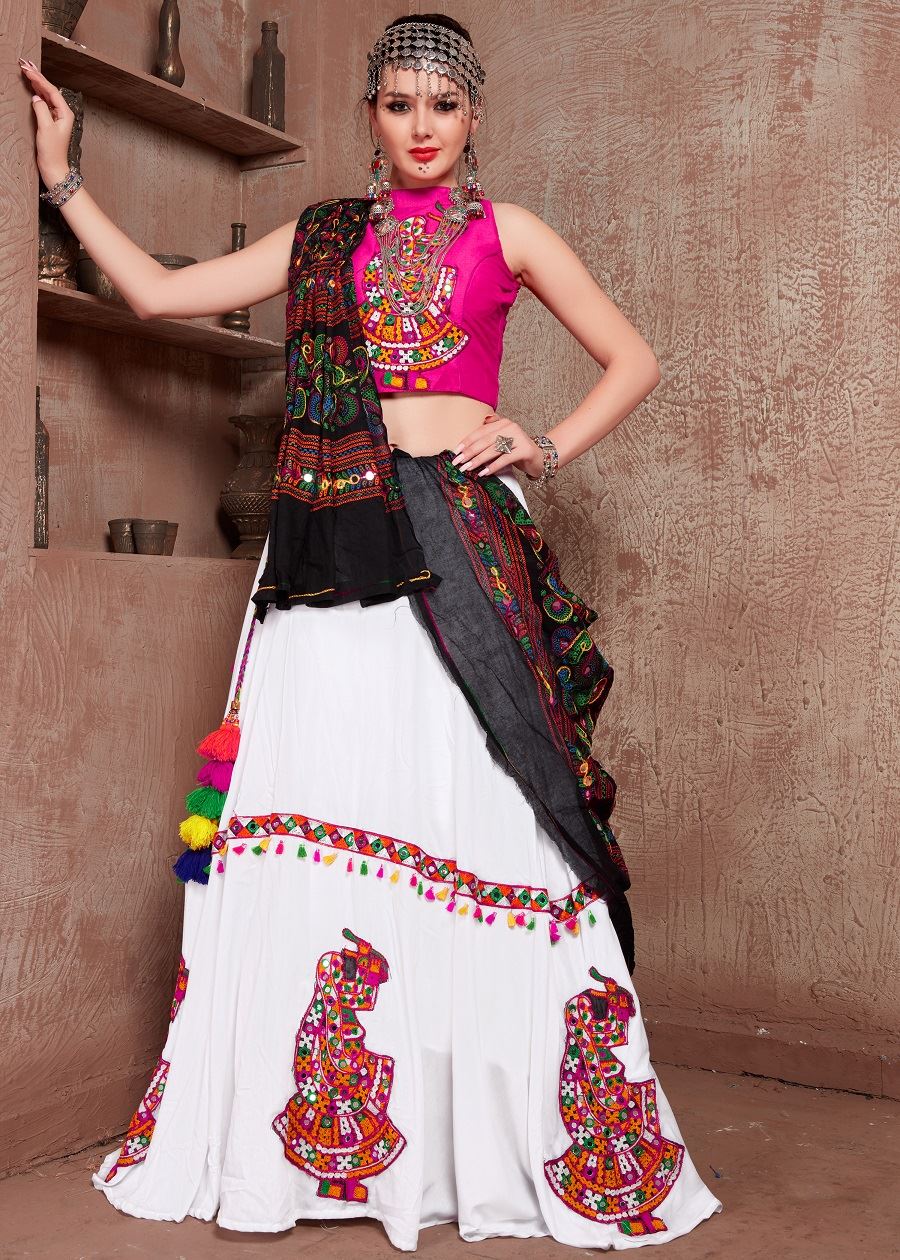 White And Pink Navratri Chaniya Choli With Gamthi Work Butta And  Tassels Lace