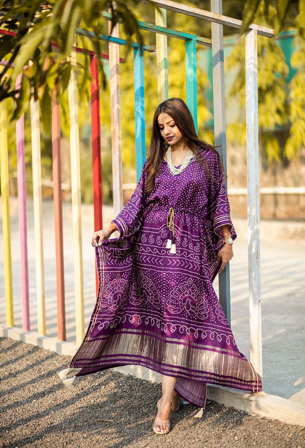 Wine Color Pure Gaji Silk Kaftan with Gotta Patti Tassels