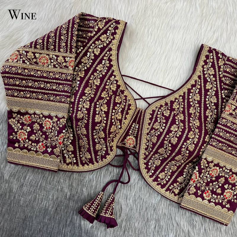 Wine Beautiful Long Sleeves Backless Bridal Blouse With Embroidery  Sequins Work