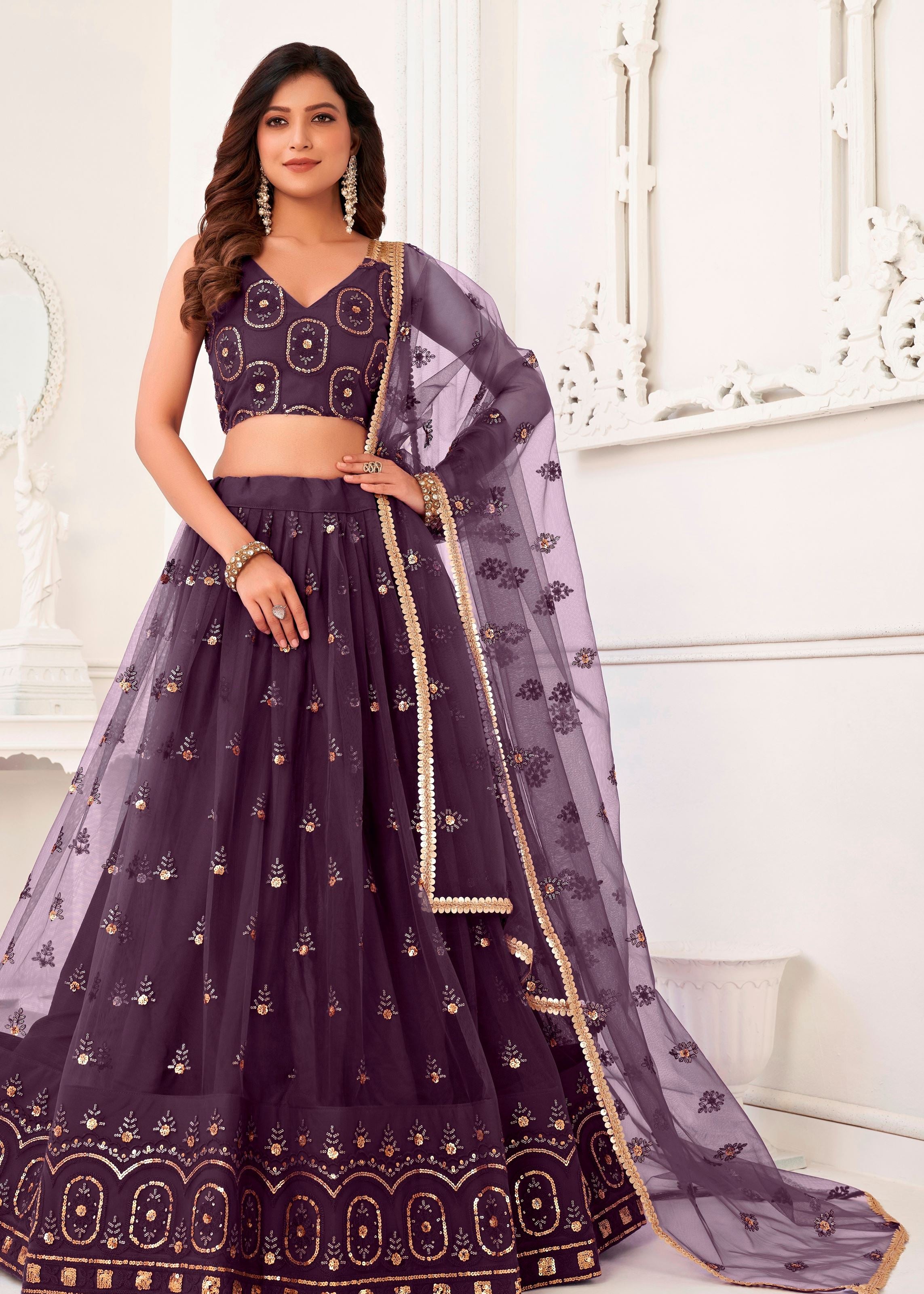 Wine Butterfly Net Lehenga Choli With  Thread And Zari Sandwich Sequence Embroidery Work