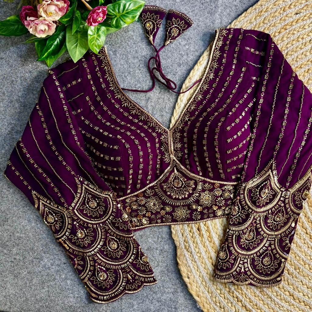 Wine Georgette Blouse with Heavy Thread Embroidery  Sequins Work