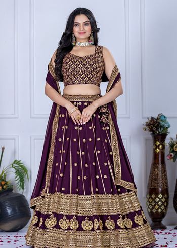 Wine Lehenga Choli With Embroidery With Thread  Sequence Work