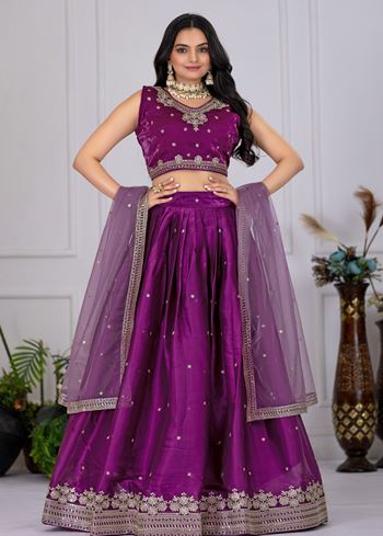 Wine Lehenga Choli With Embroidery With Zari Thread  Sequence Work