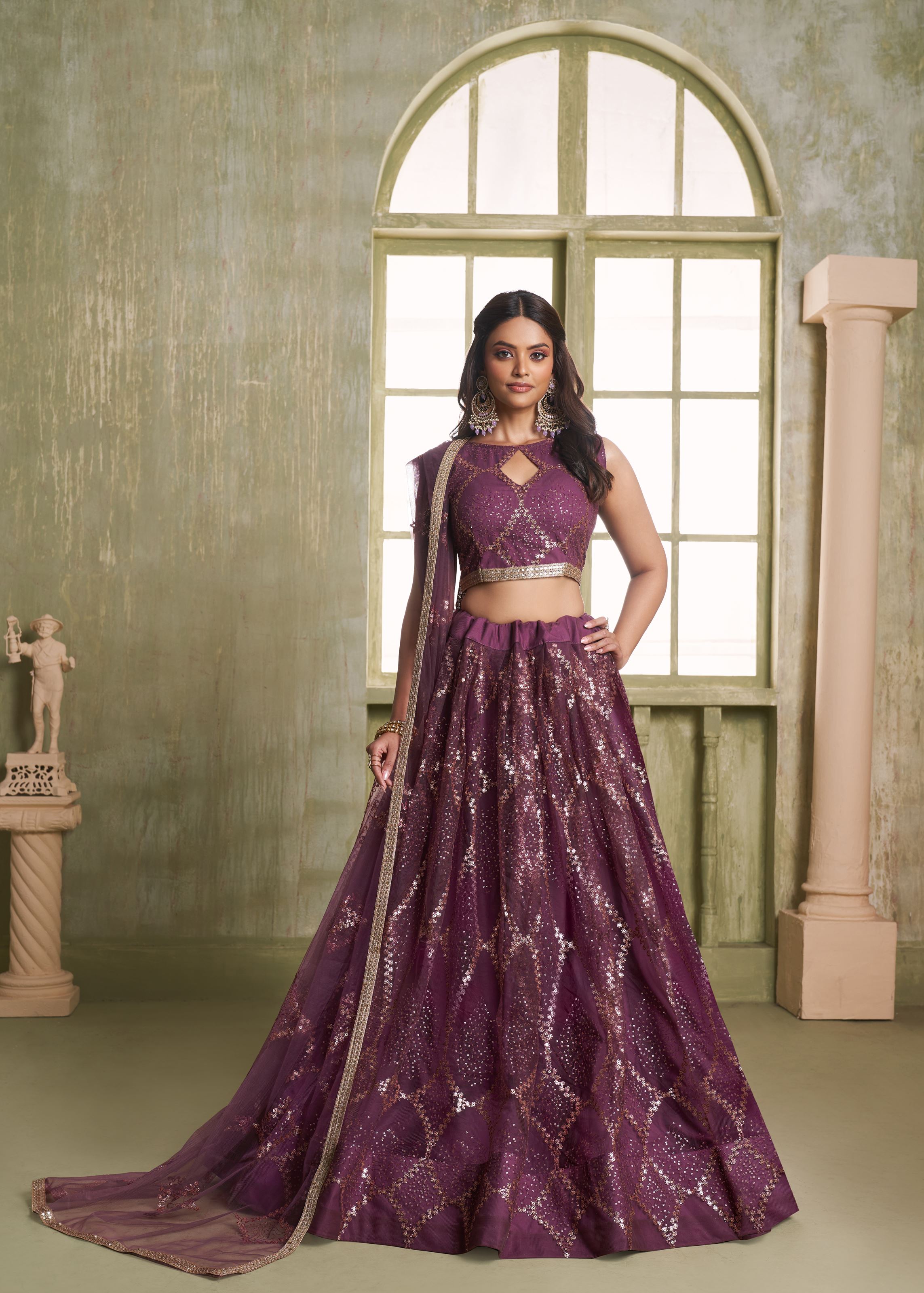 Wine Net Lehenga with Tone-to-Tone Zari  Sequence Embroidery