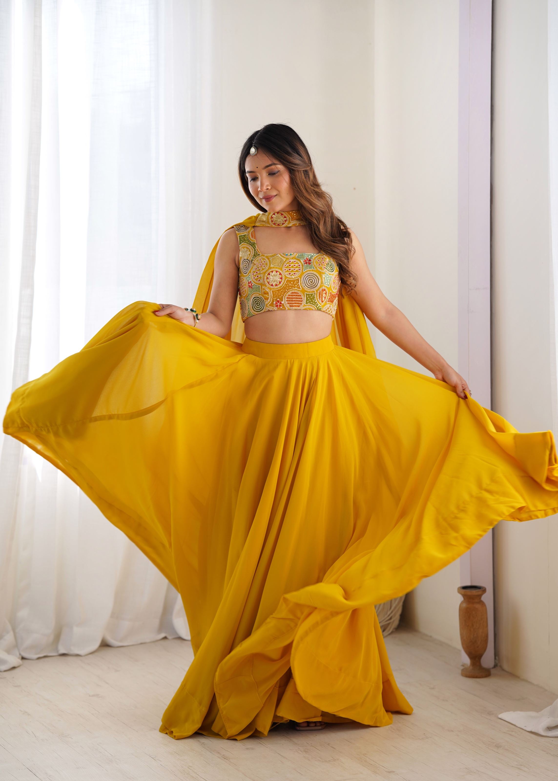 Yellow Georgette Lehenga with 9 Needle Thread  Dori Embroidery
