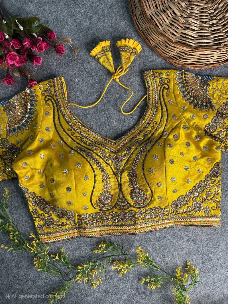 Yellow Peacock Embroidery Work Blouse  Heavy Work on Back  Sleeves