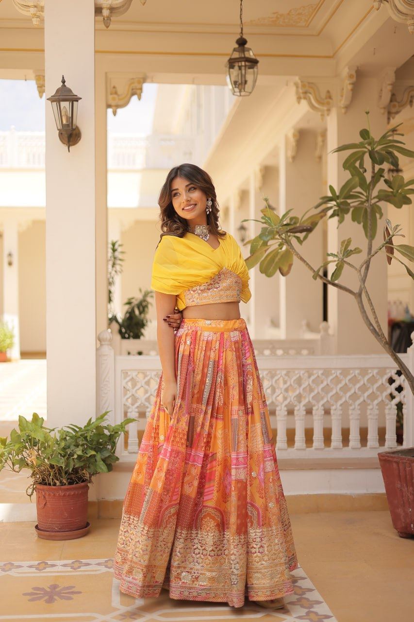 Yellow Russian Silk Lehenga Choli With Digital Print With Foil Embroidery Work
