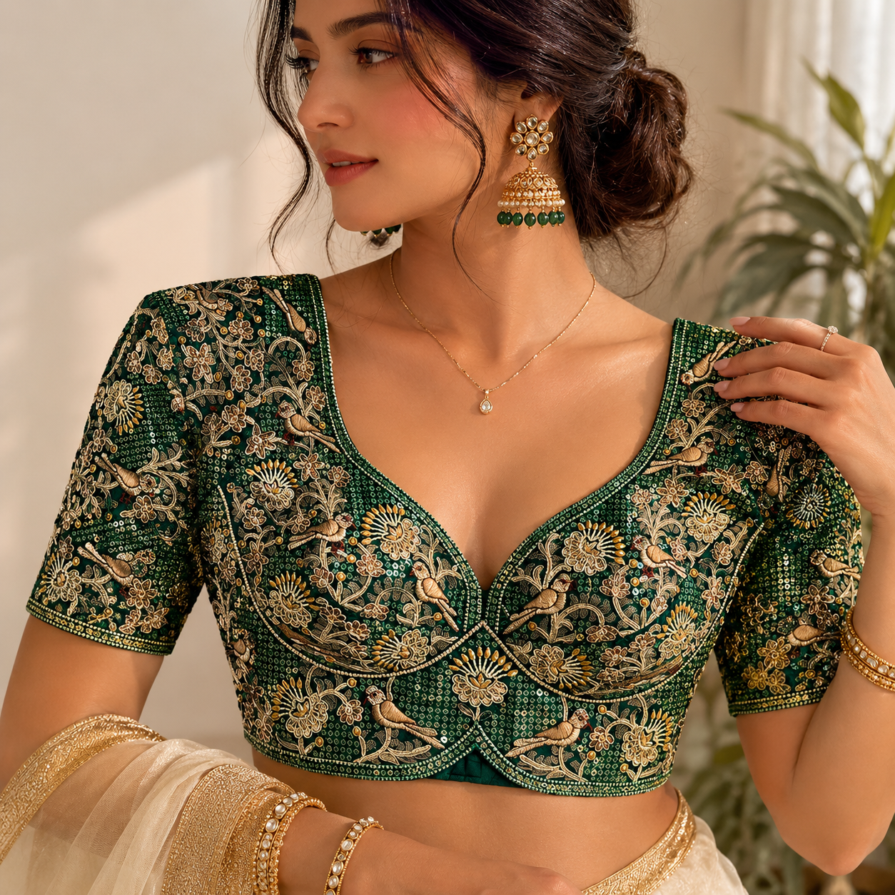 Bottle Green Luxury Bird Motif Bridal Blouse  Roman Silk Designer Wedding Wear