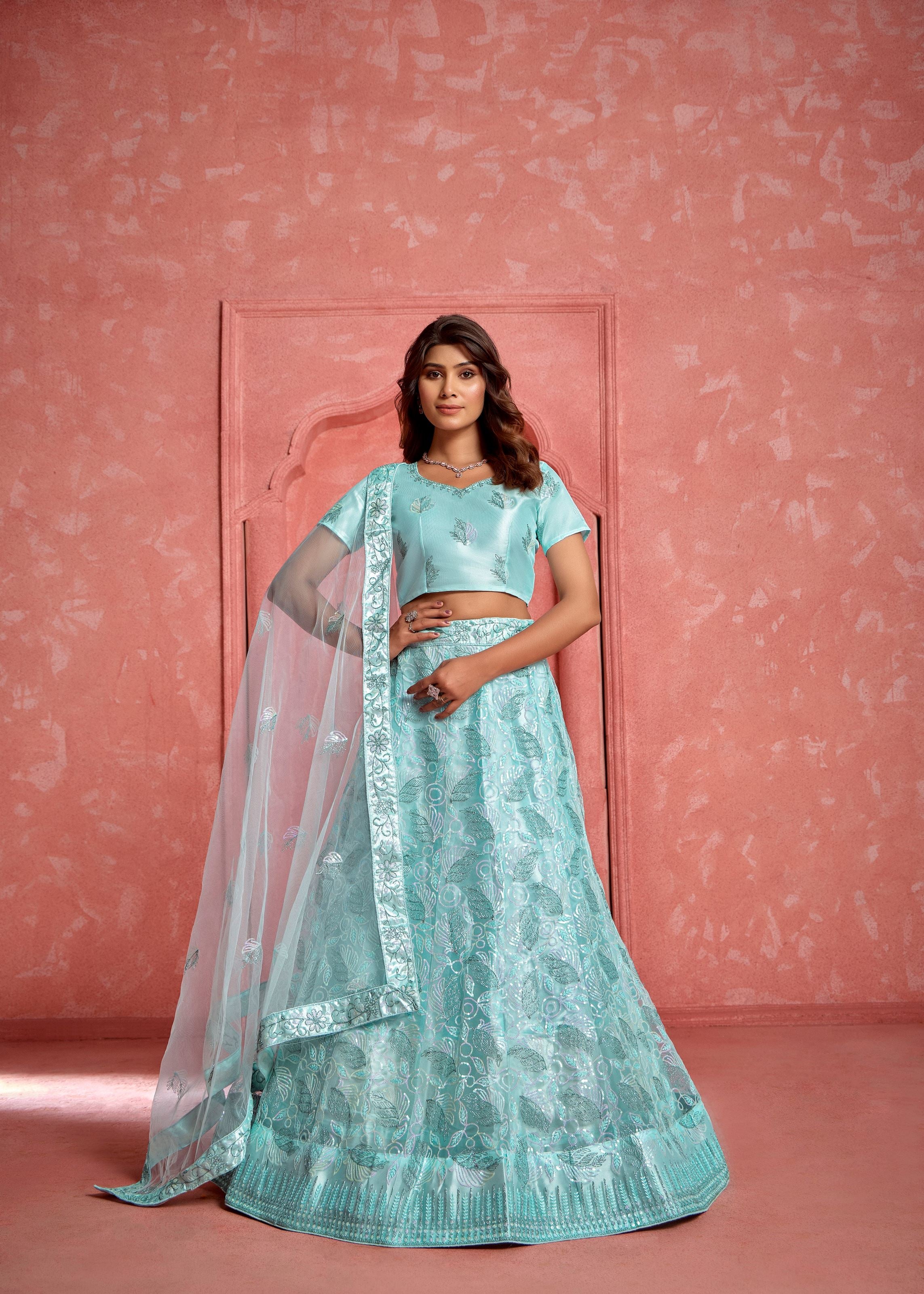 Baby Blue Net Lehenga with Light Sequin Embroidery
