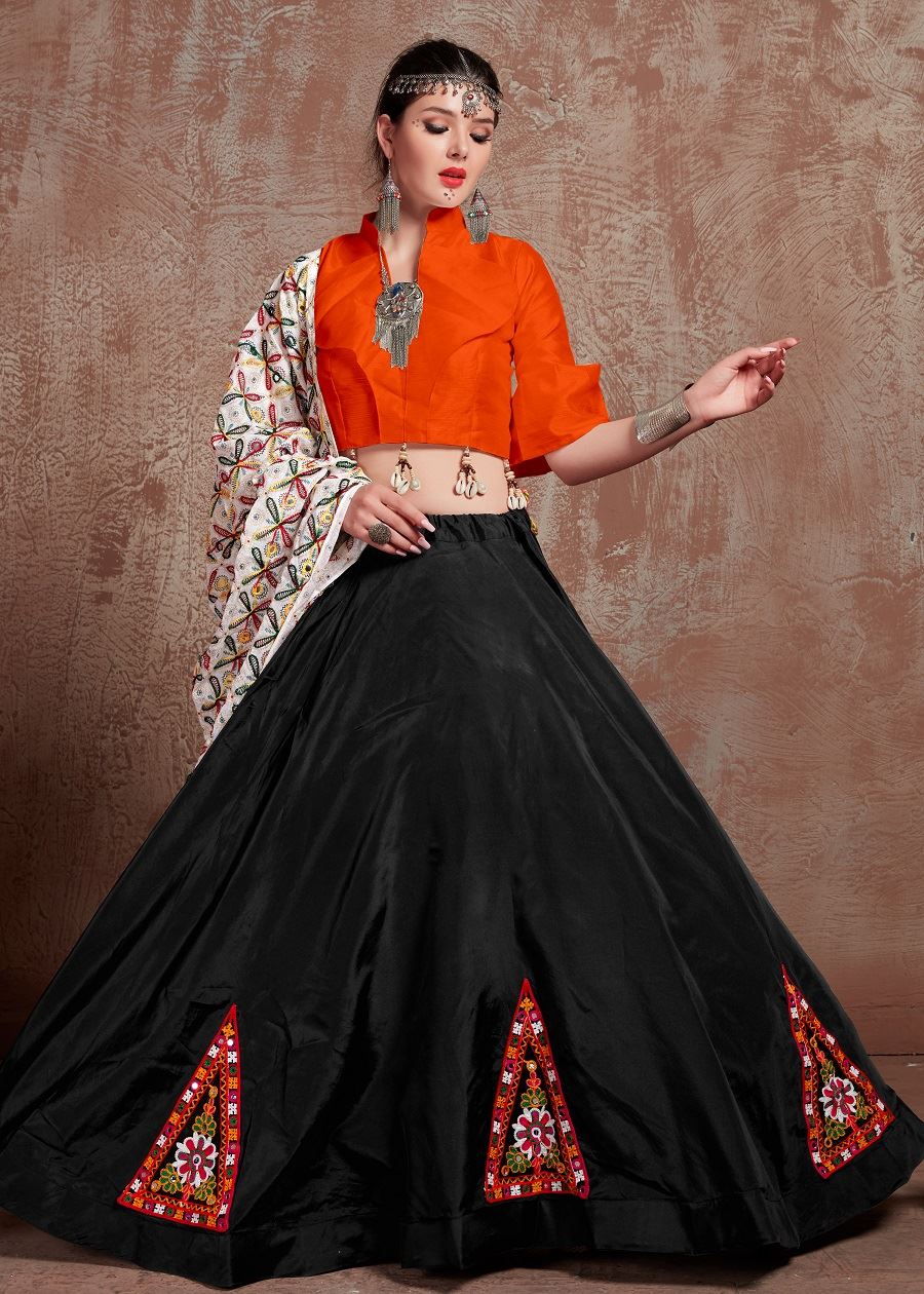 Black And Orange Navratri Chaniya Choli With Gamthi Work Butta And  Tassels Lace