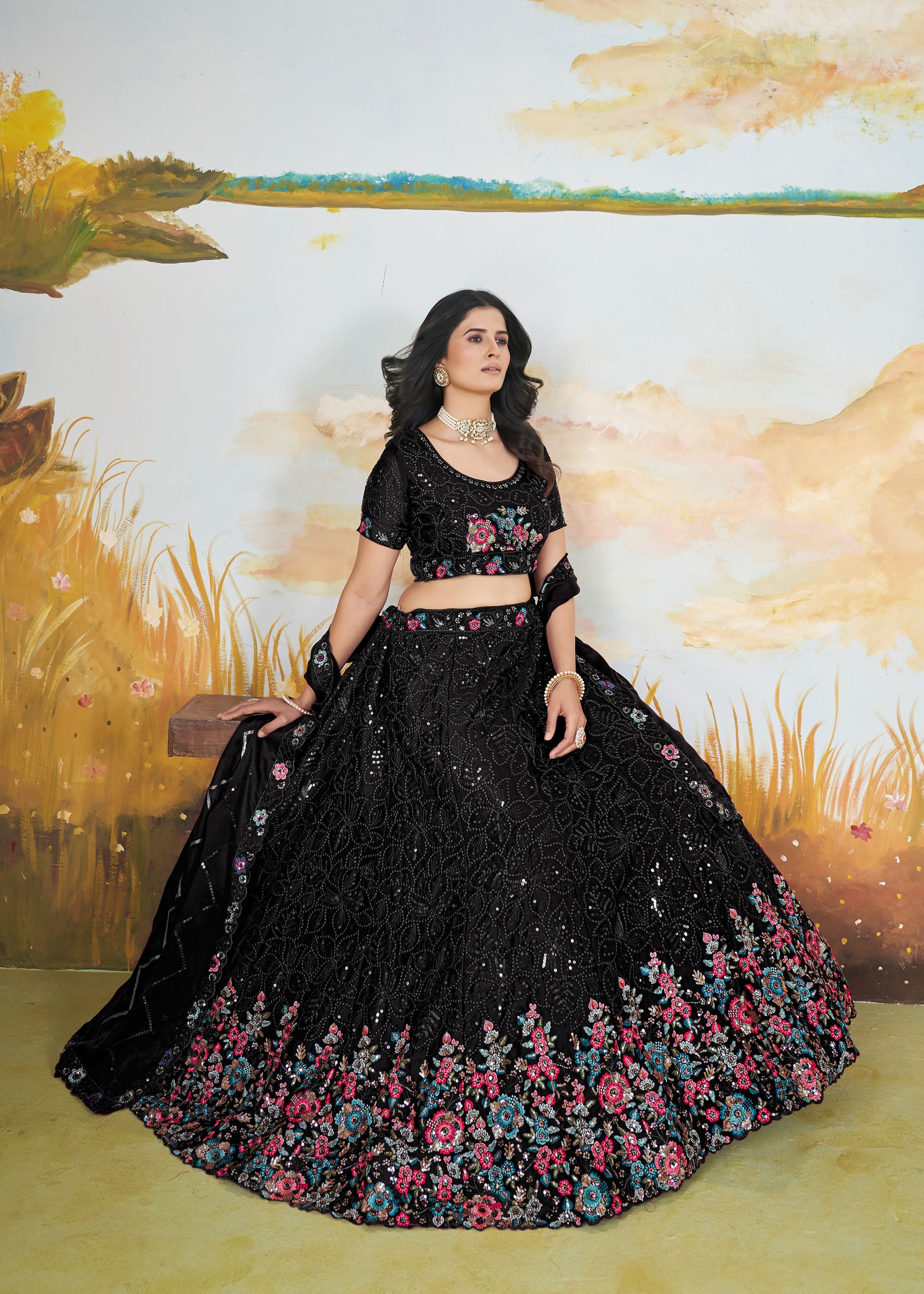 Black Chinnon Lehenga with Copper Sequins  Multi Thread Embroidery