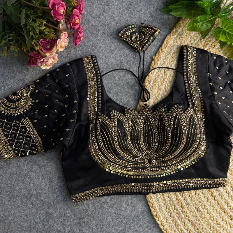 Black  Sabyasachi-Inspired Heavy Bridal Blouse with Exquisite Lotus Beads Embroidery