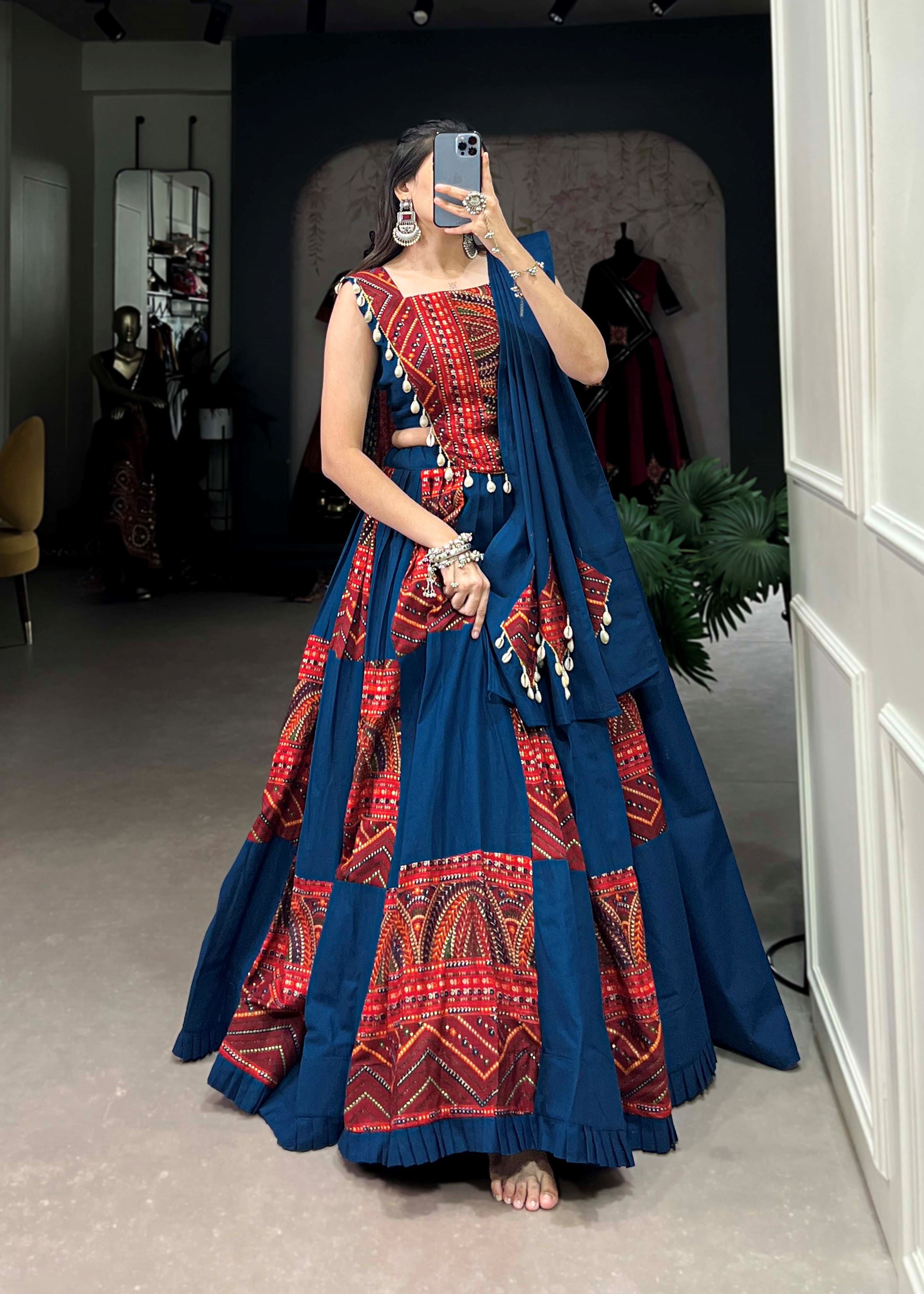 Blue-Maroon Plain  Printed Lehenga Choli with Foil Work Finish