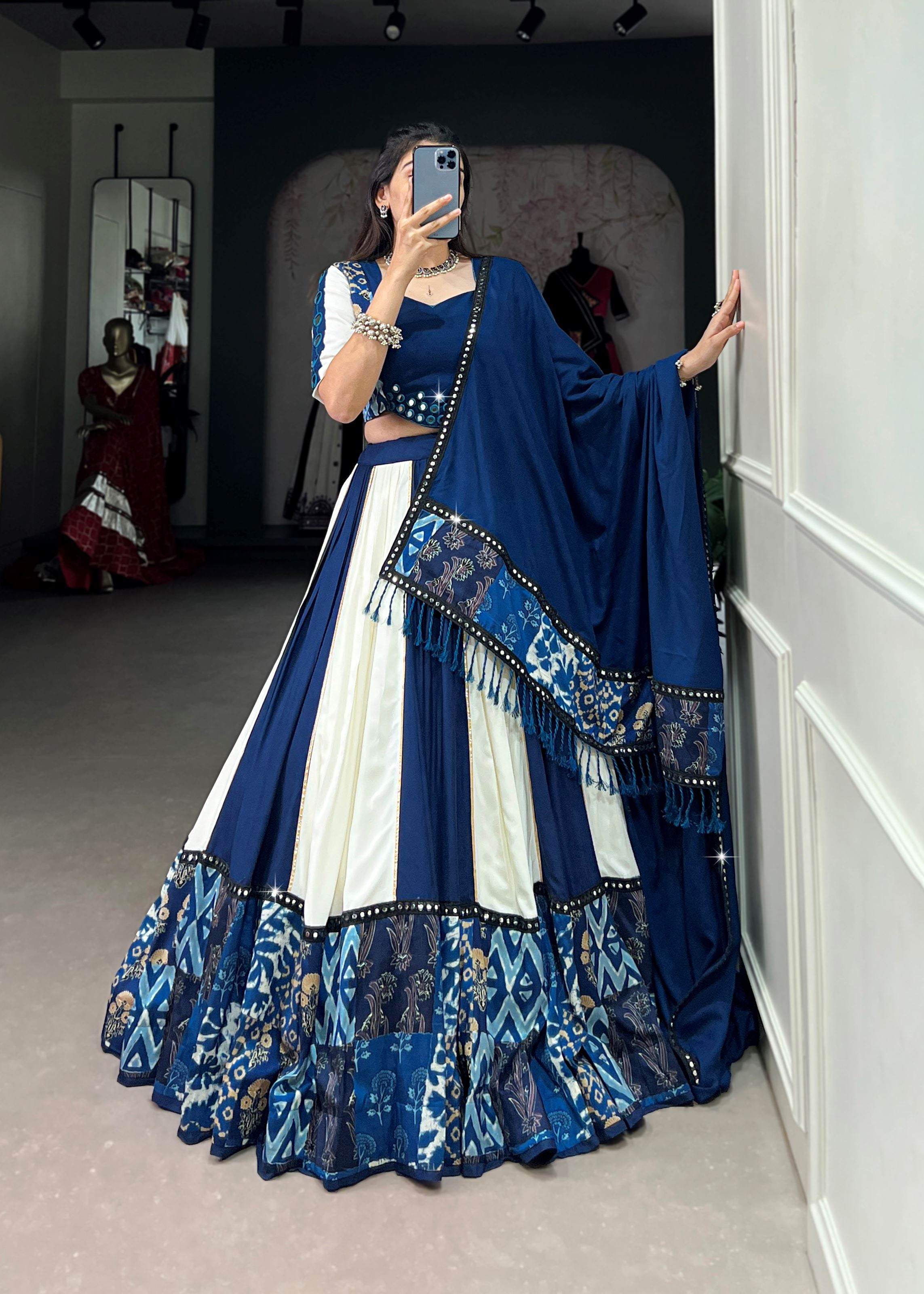 Blue Printed  Plain Rayon Lehenga with Mirror Lace and Gota Patti Sparkle
