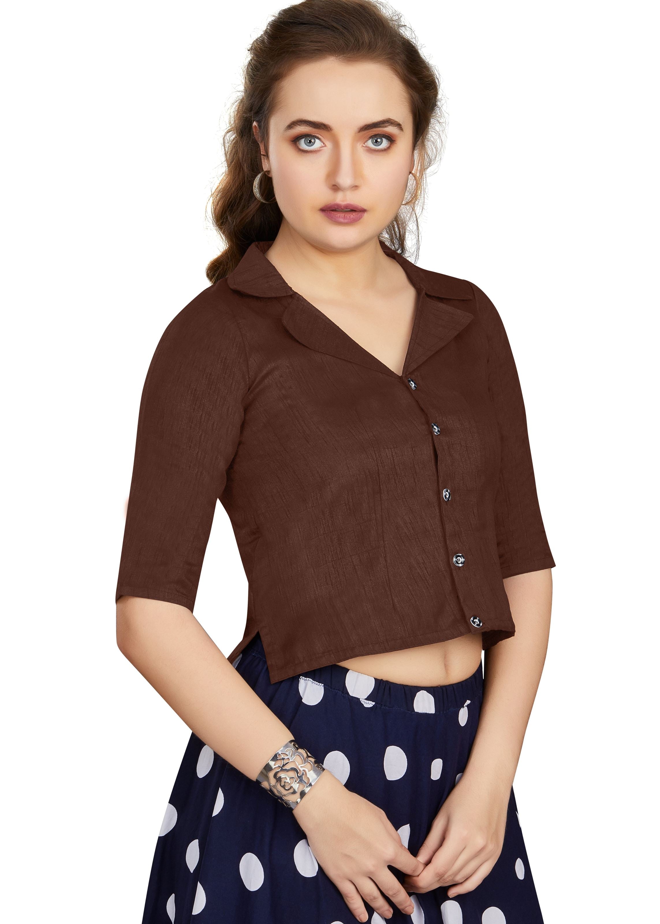 Coffee Art Silk Collar Neck Plain Blouse