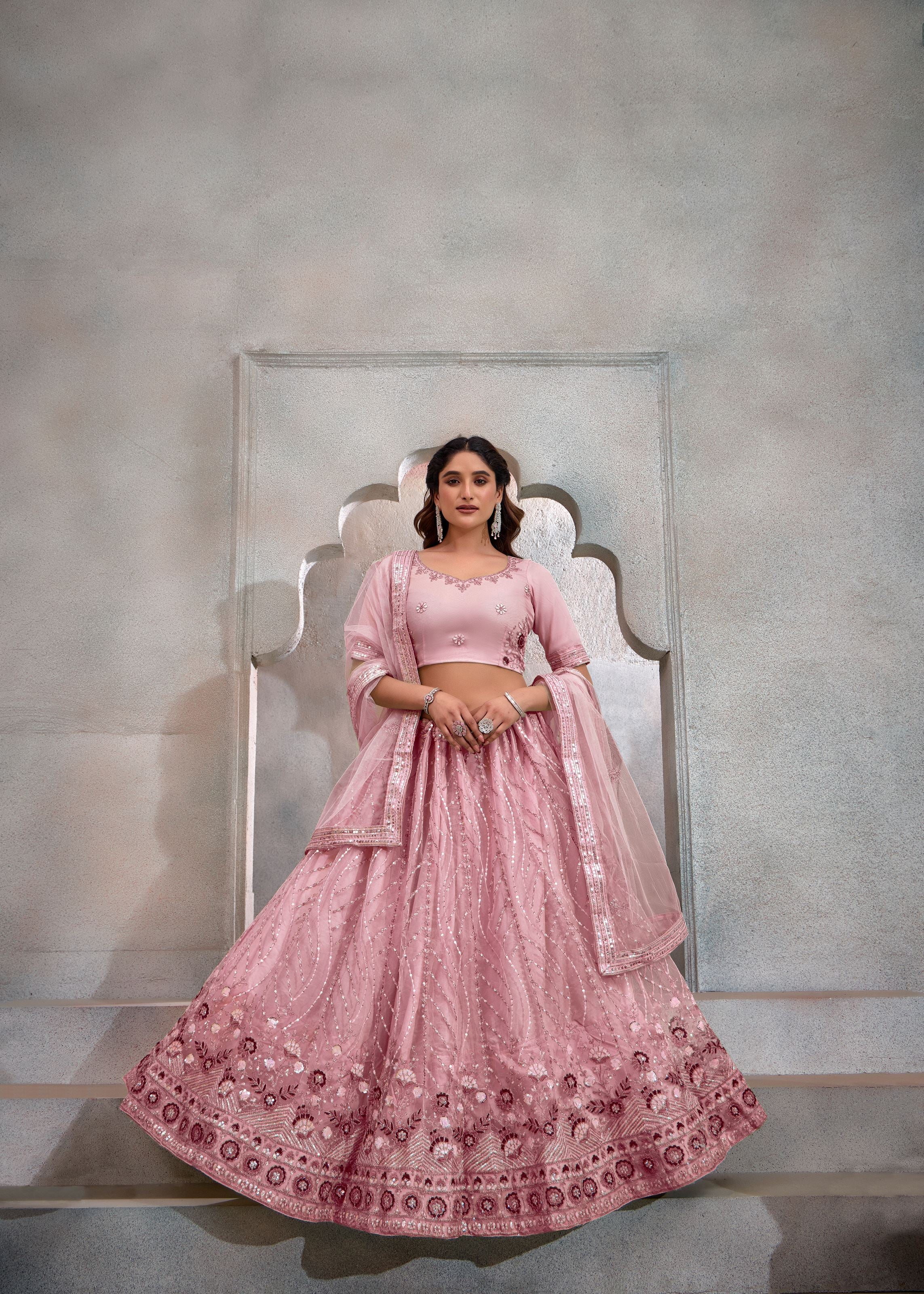 Dark Peach Net Lehenga with Sequin Embroidery Highlights