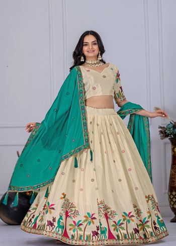 Beige Lehenga Choli With Heavy Embroidery With Multi Color Thread  Sequence Work