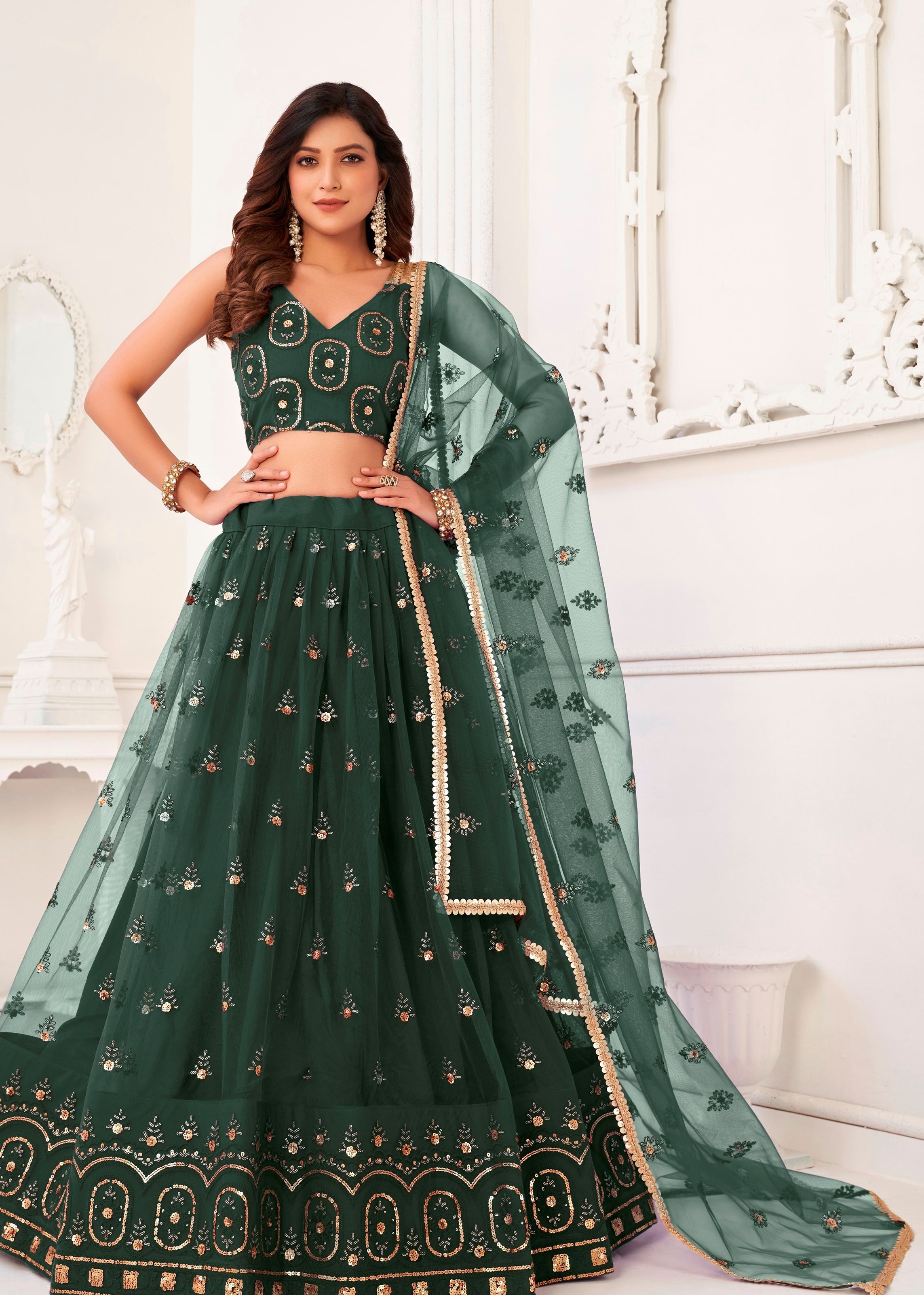 Green Butterfly Net Lehenga Choli With  Thread And Zari Sandwich Sequence Embroidery Work