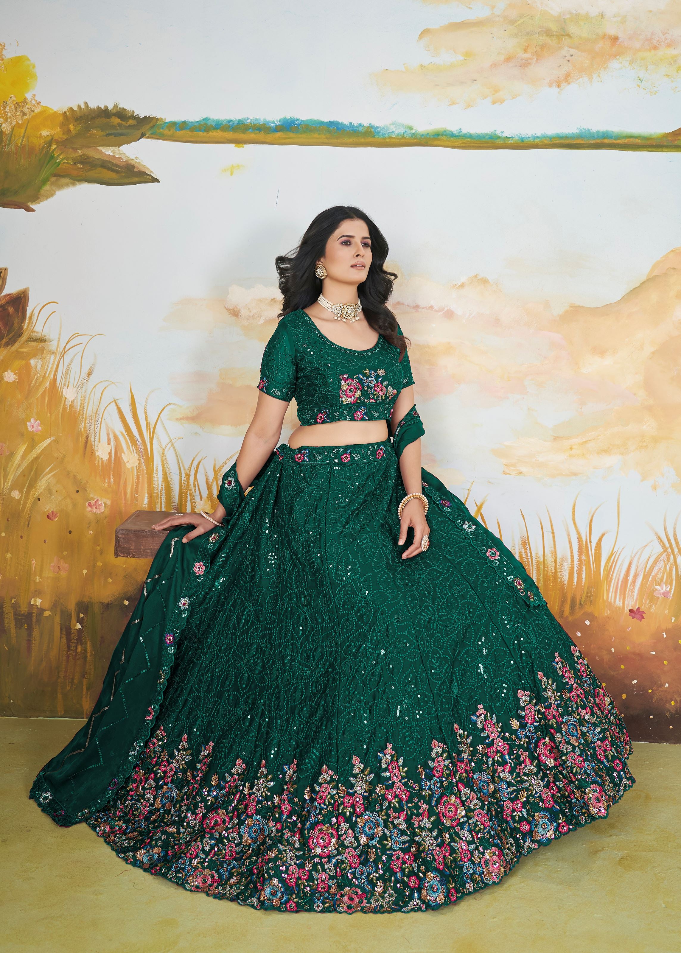 Green Chinnon Lehenga with Fancy Thread  Copper Sequins
