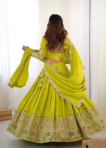 Green Lehenga Choli With Coding Dori With Thread  Sequnce Work