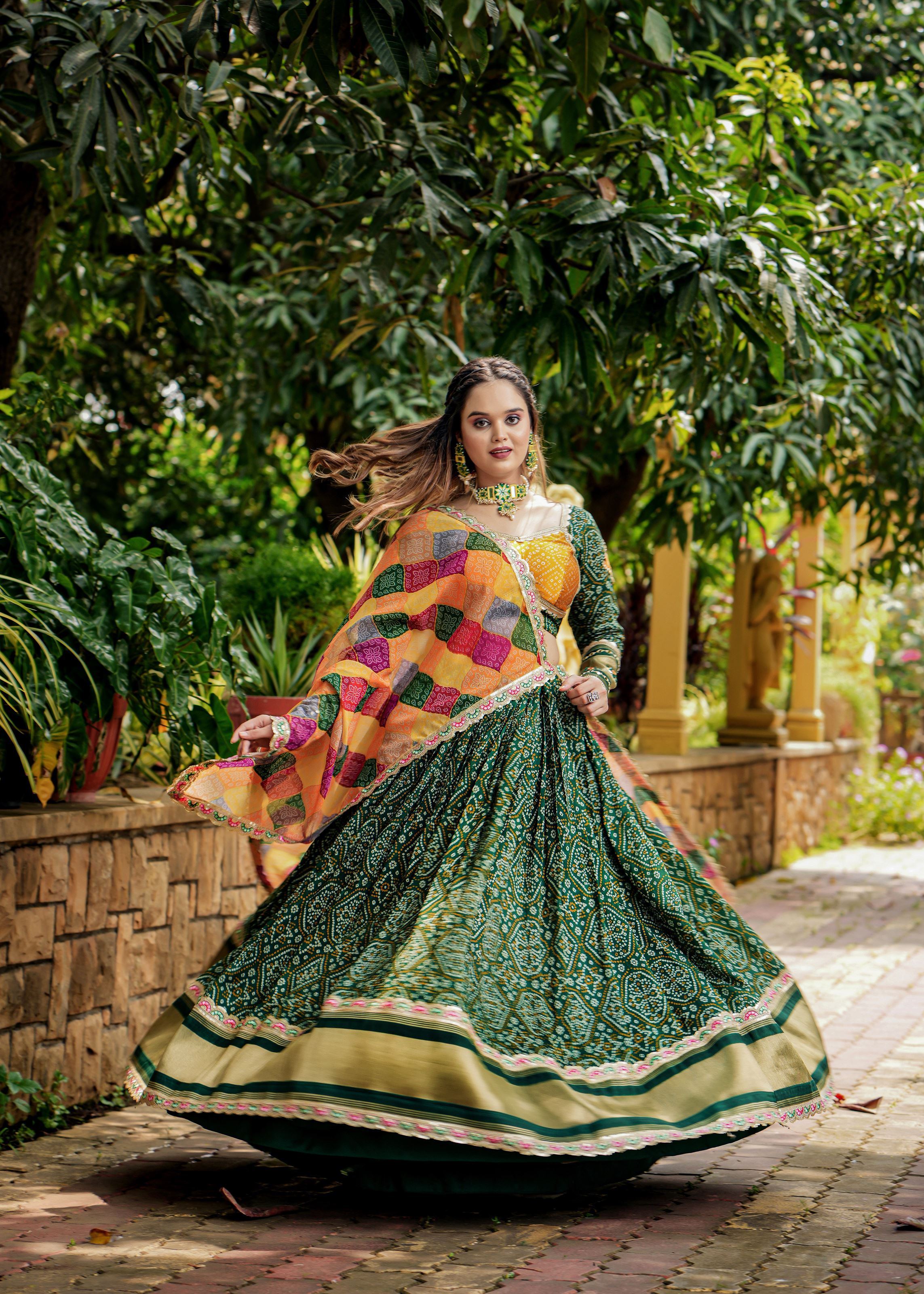 Green Lehenga Choli With Heavy Discharge Print Heavy Embroidery Thread  Sequins Work