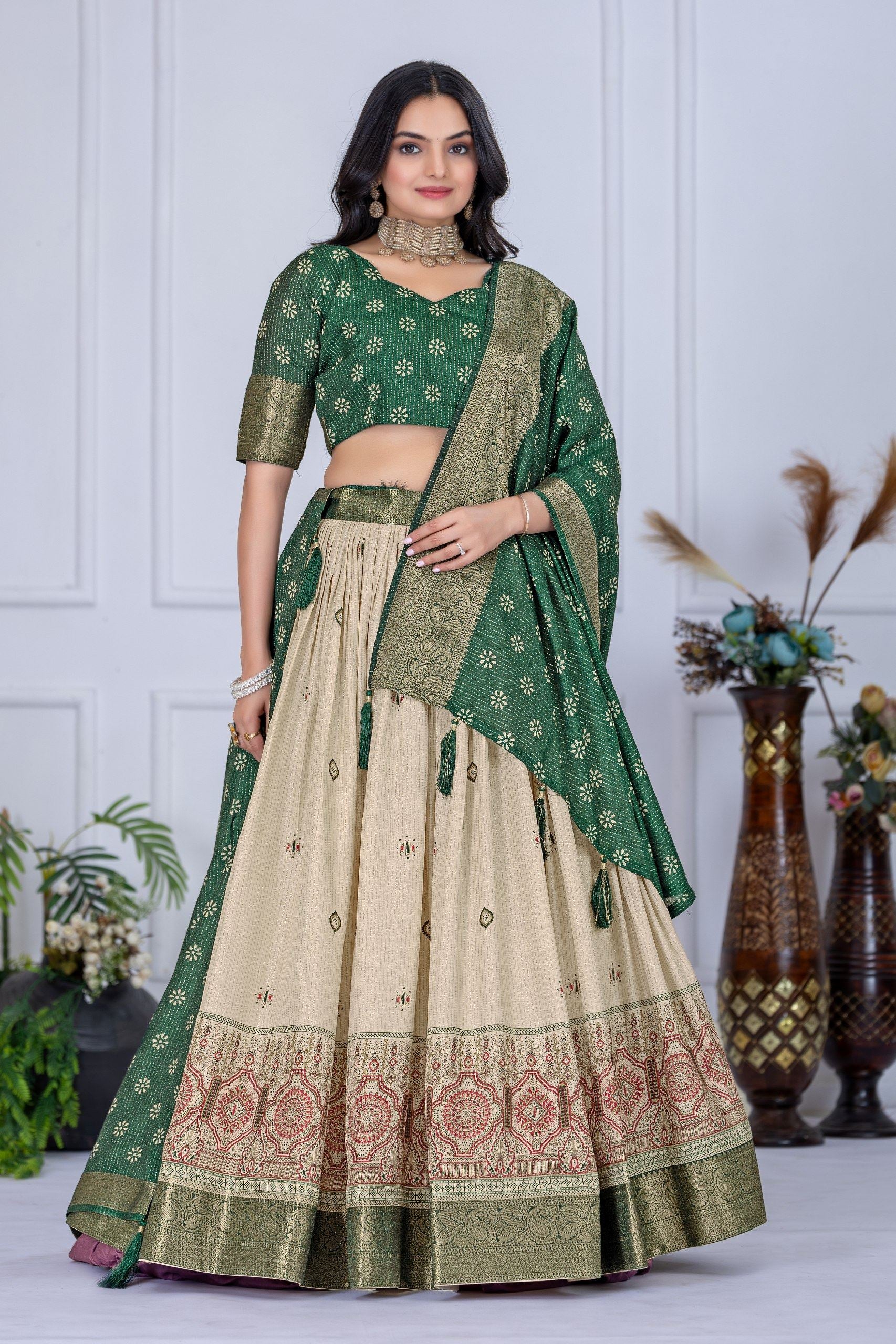 Green Lehenga Choli with Jacquard Jari Lining and Printed Detailing