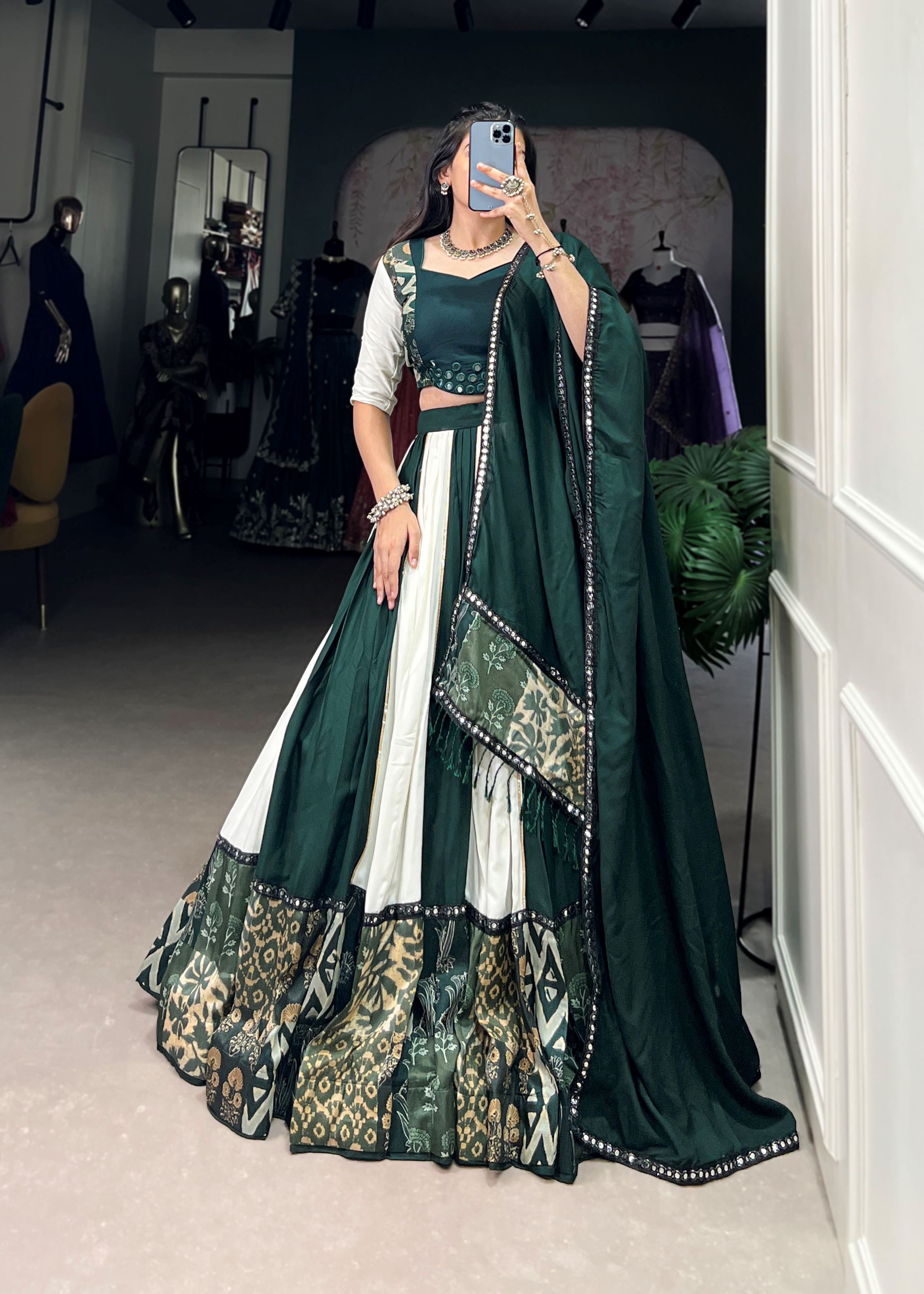Green Cotton Lehenga Choli with Printed Grace & Cowrie Lace Beauty