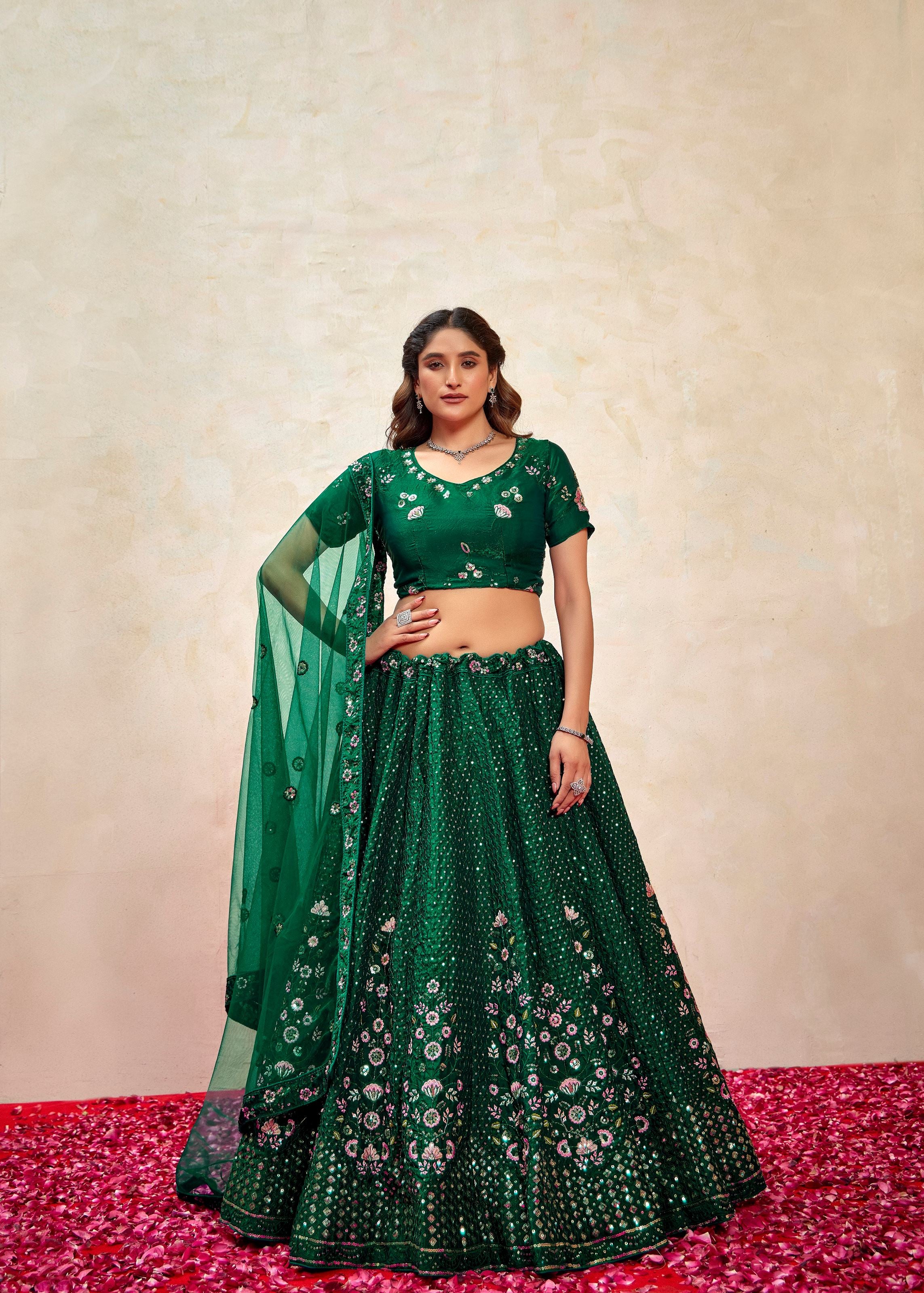 Green Silk Blend Lehenga with Modern Sequence Work