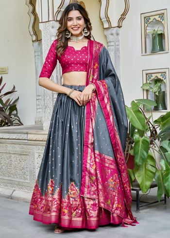 Grey Lehenga Choli With  Bandhej And Ajrakh Print