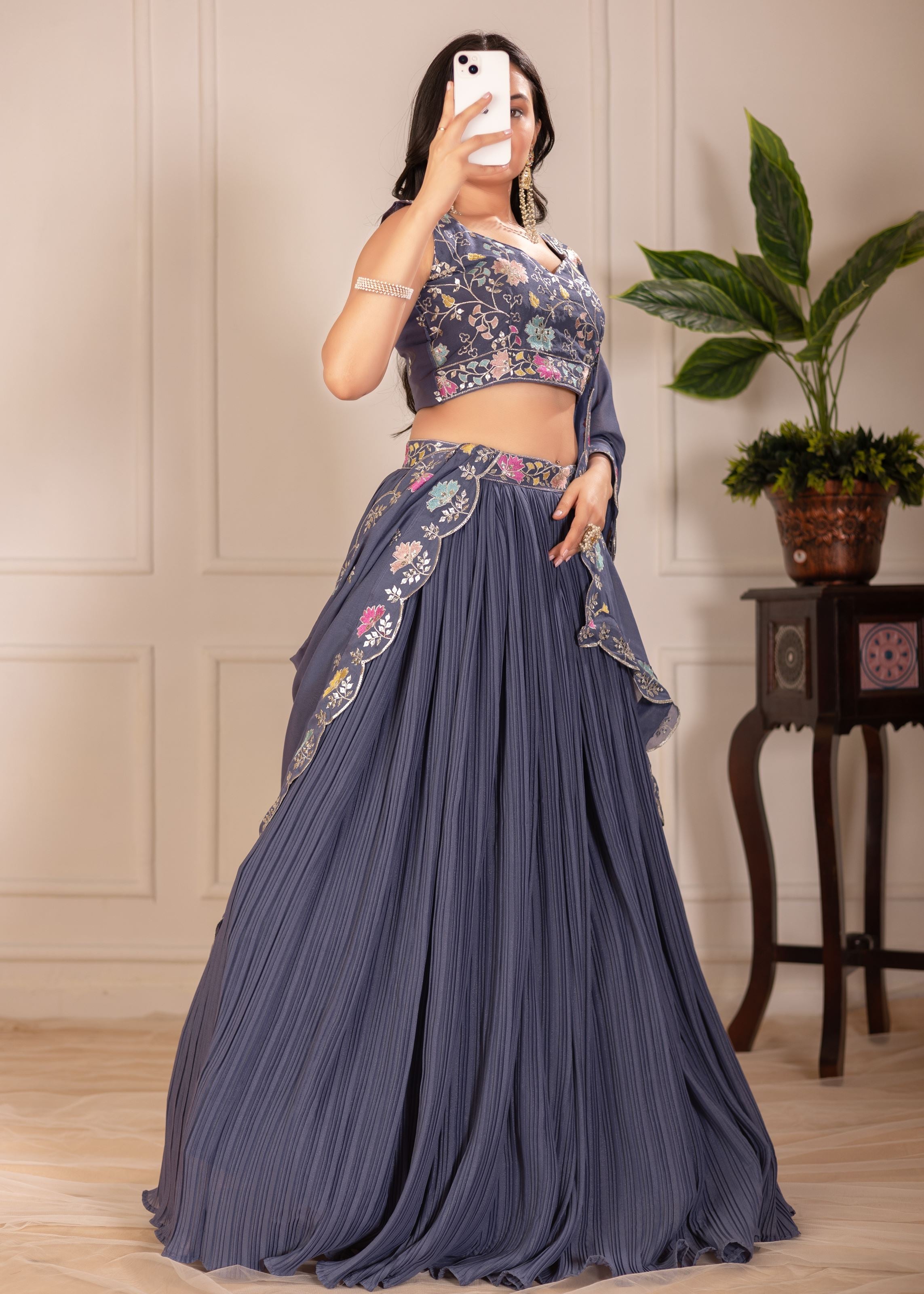 Grey Lehenga Choli With Embroidery With Multi Thread  Sequence Work