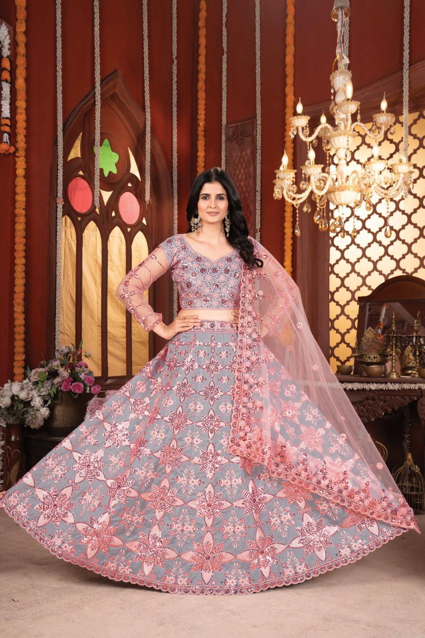 Grey Lehenga Choli With Thread Embroidery  And Heavy Sequins Work