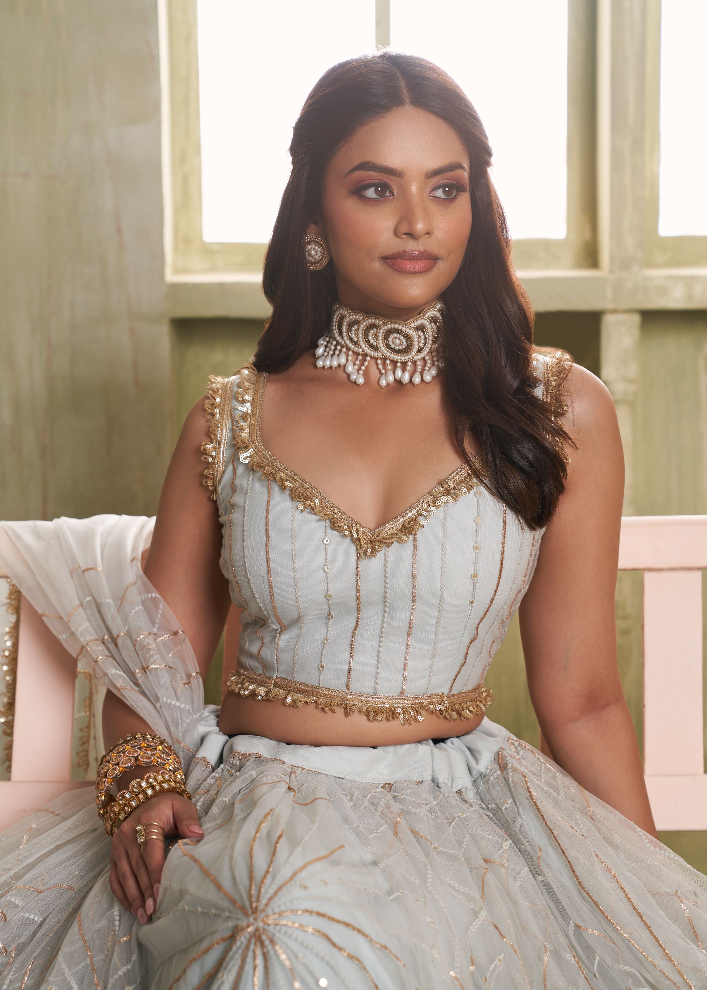 Light Grey Net Lehenga with Thread Zari  Sequence Detailing