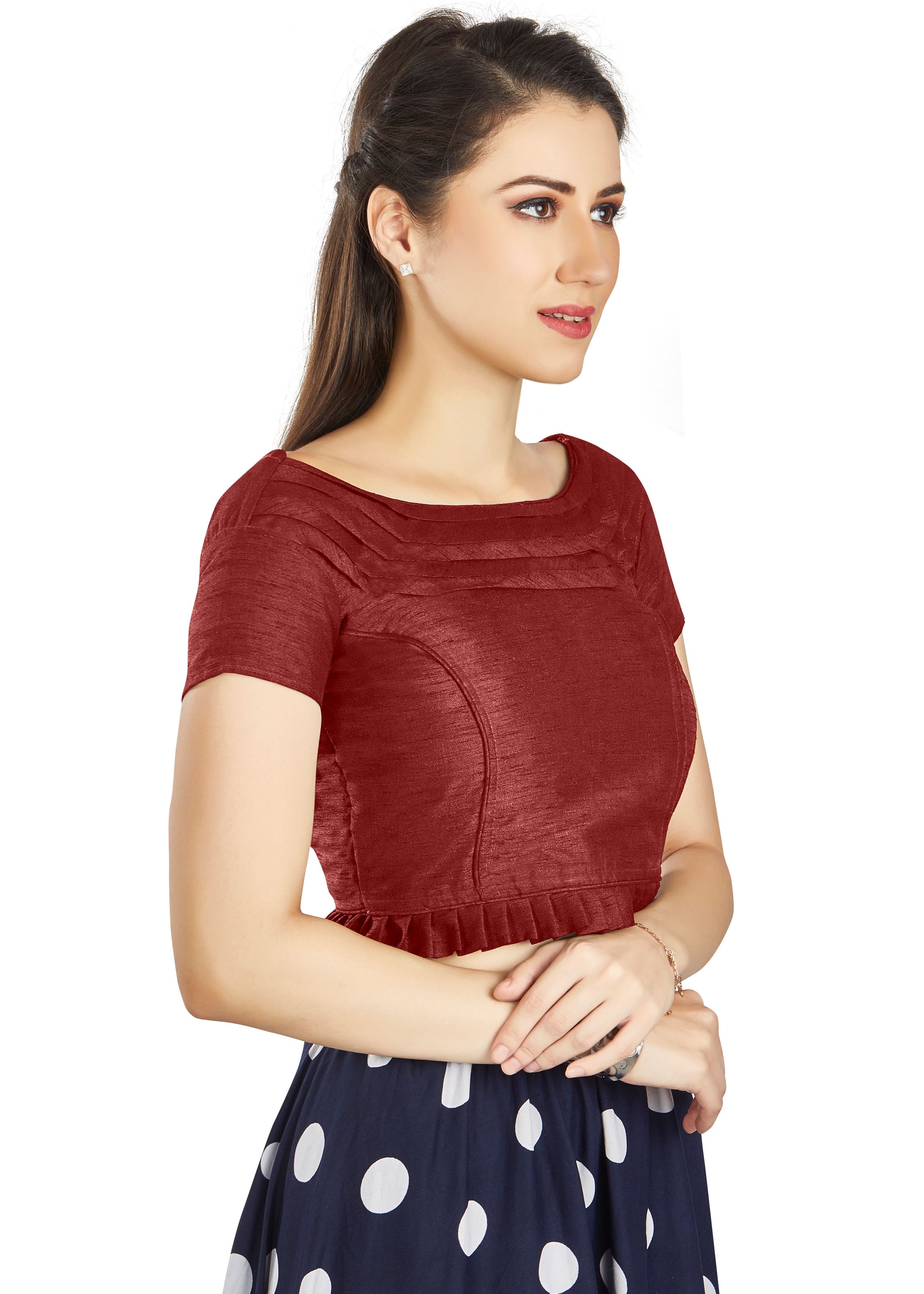 Maroon Art Silk Pleated Boat Neck  Blouse With Princece Blouse