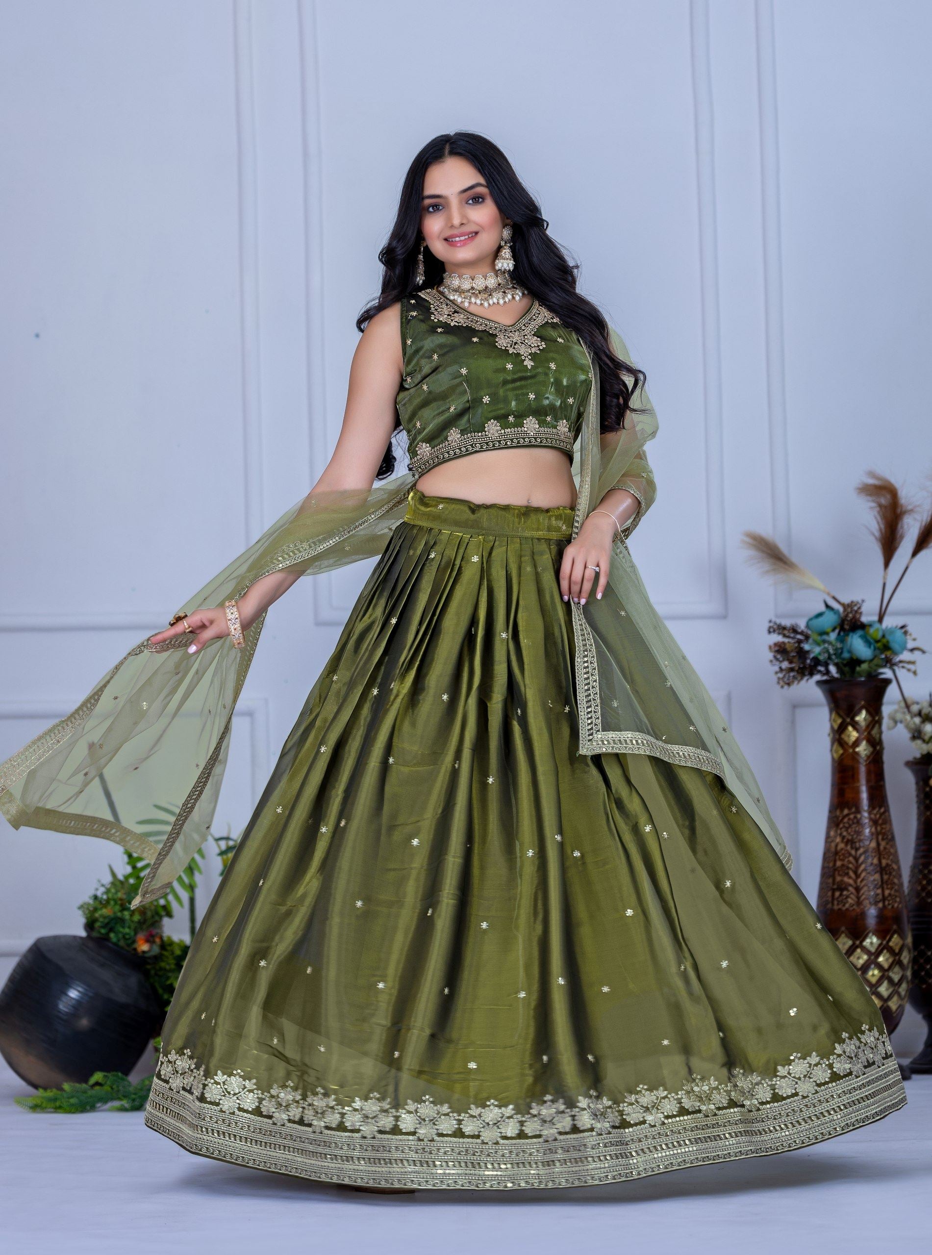 Mehandigreen Lehenga Choli With Embroidery With Zari Thread  Sequence Work