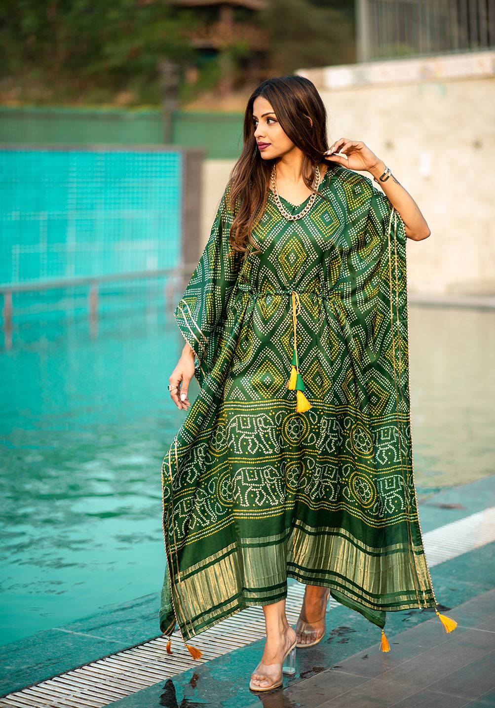Mehendi Color Pure Gaji Silk Kaftan with Gotta Patti  Tassels