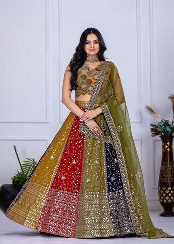 Multicolor Lehenga Choli With Embroidery With Multi Thread  Sequence Work