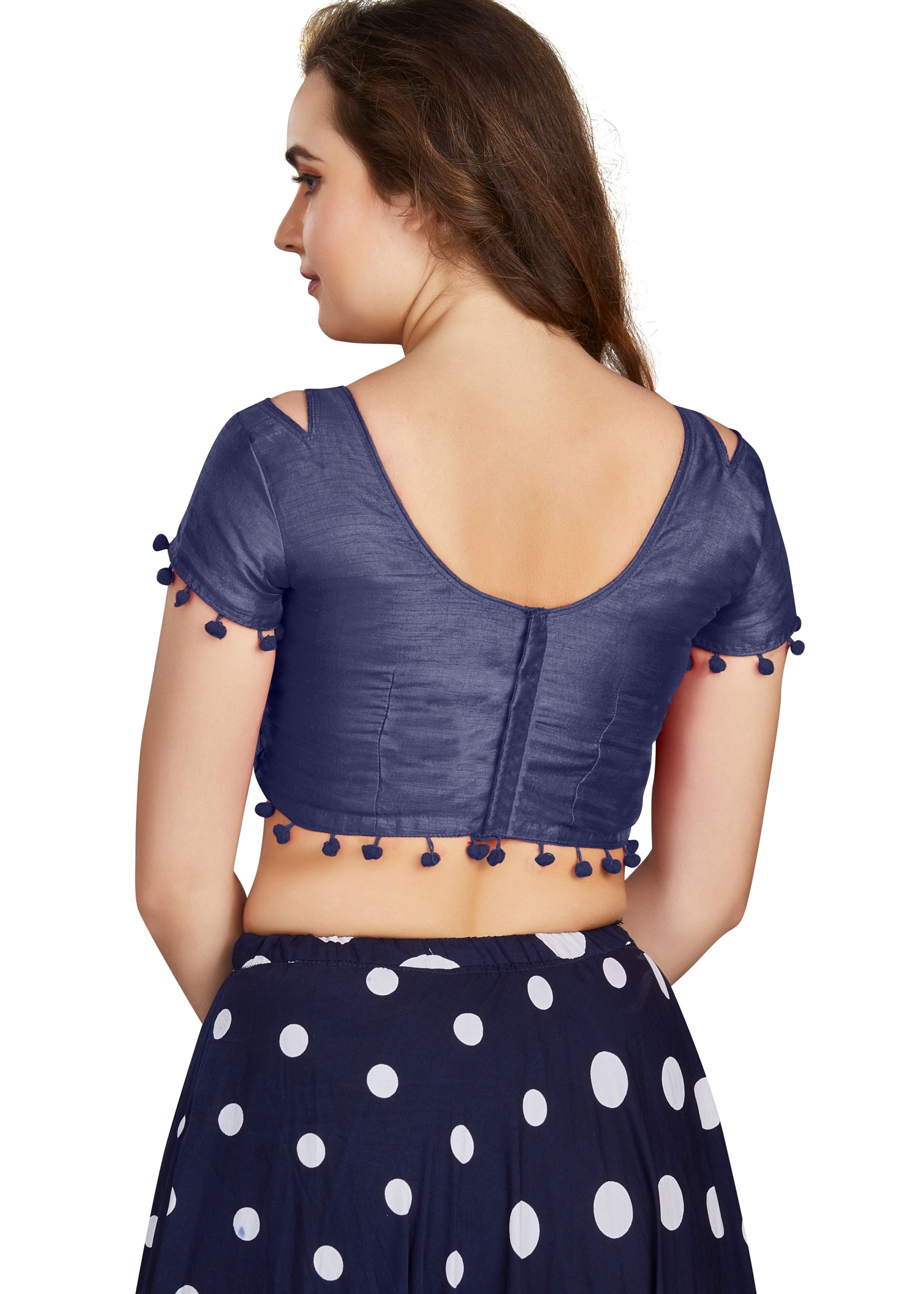 Navy Blue Art Silk Boat Neck Plain Blouse