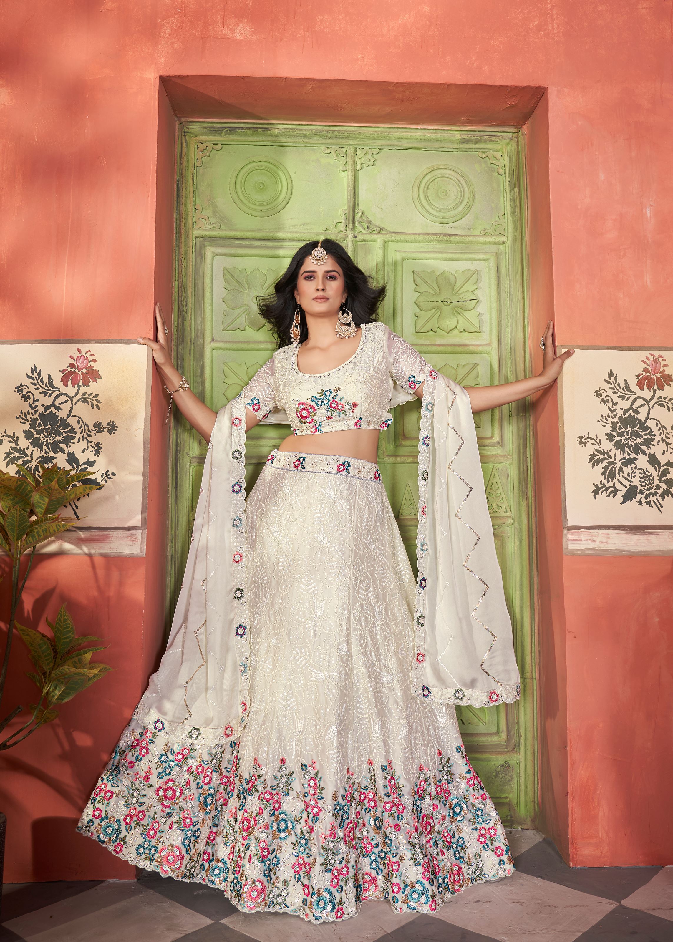 Offwhite Chinnon Lehenga with Multi Thread  Copper Sequin Work