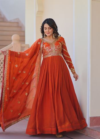 Orange Anarkali With Heavy Zari  Sequins Embroidered work