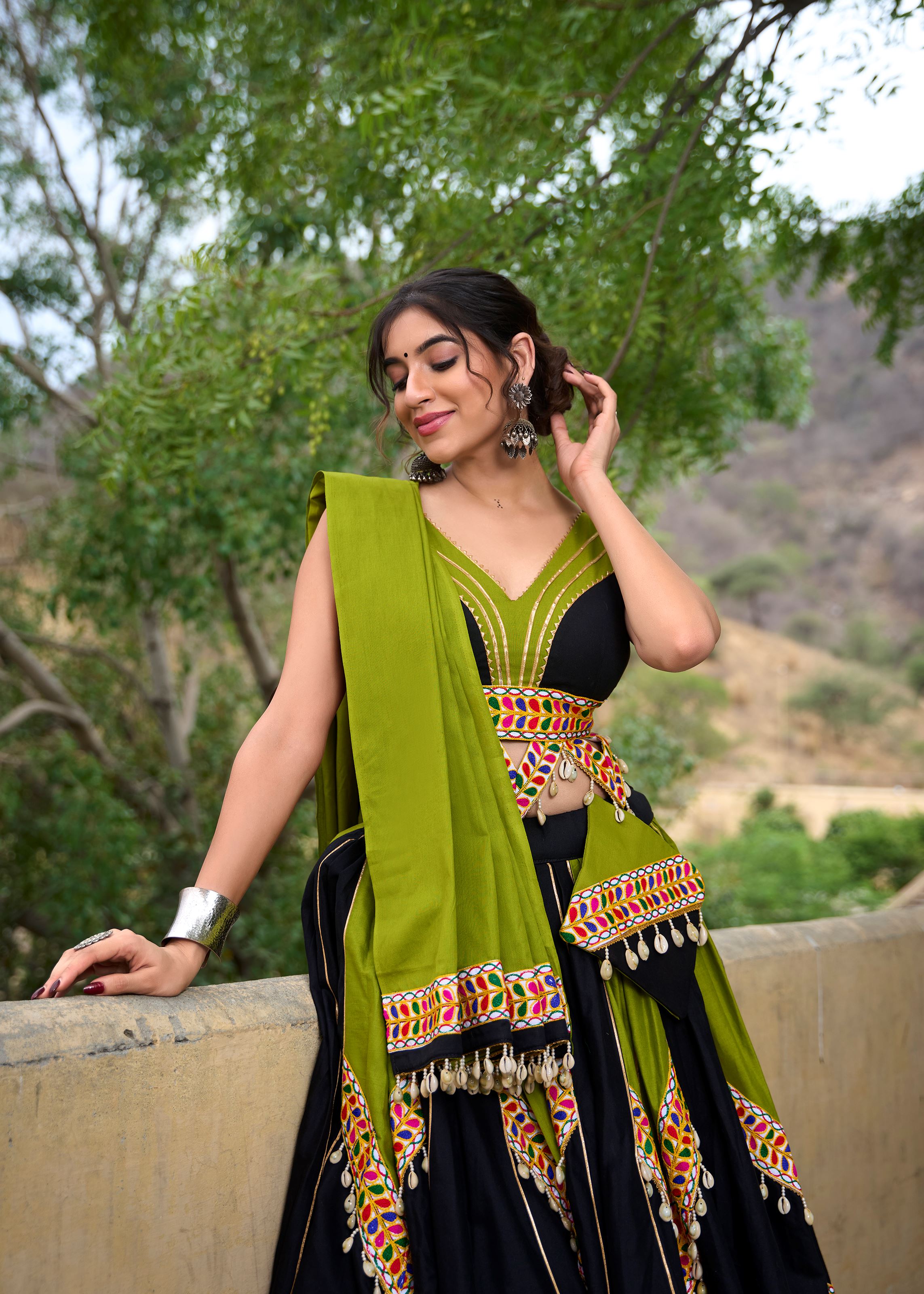 Parrot-Black Gamthi Work Lehenga Choli with Gota Patti  Kodi Lace