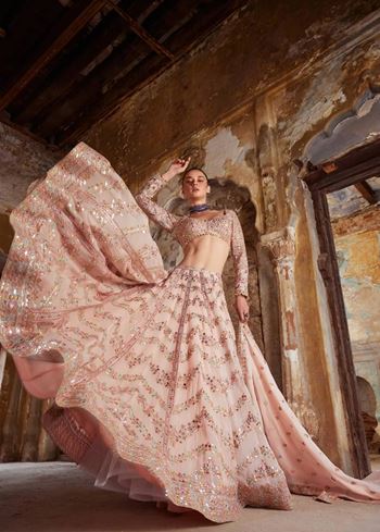 Peach Lehenga Choli With Paper Mirror  Zari  Thread Work
