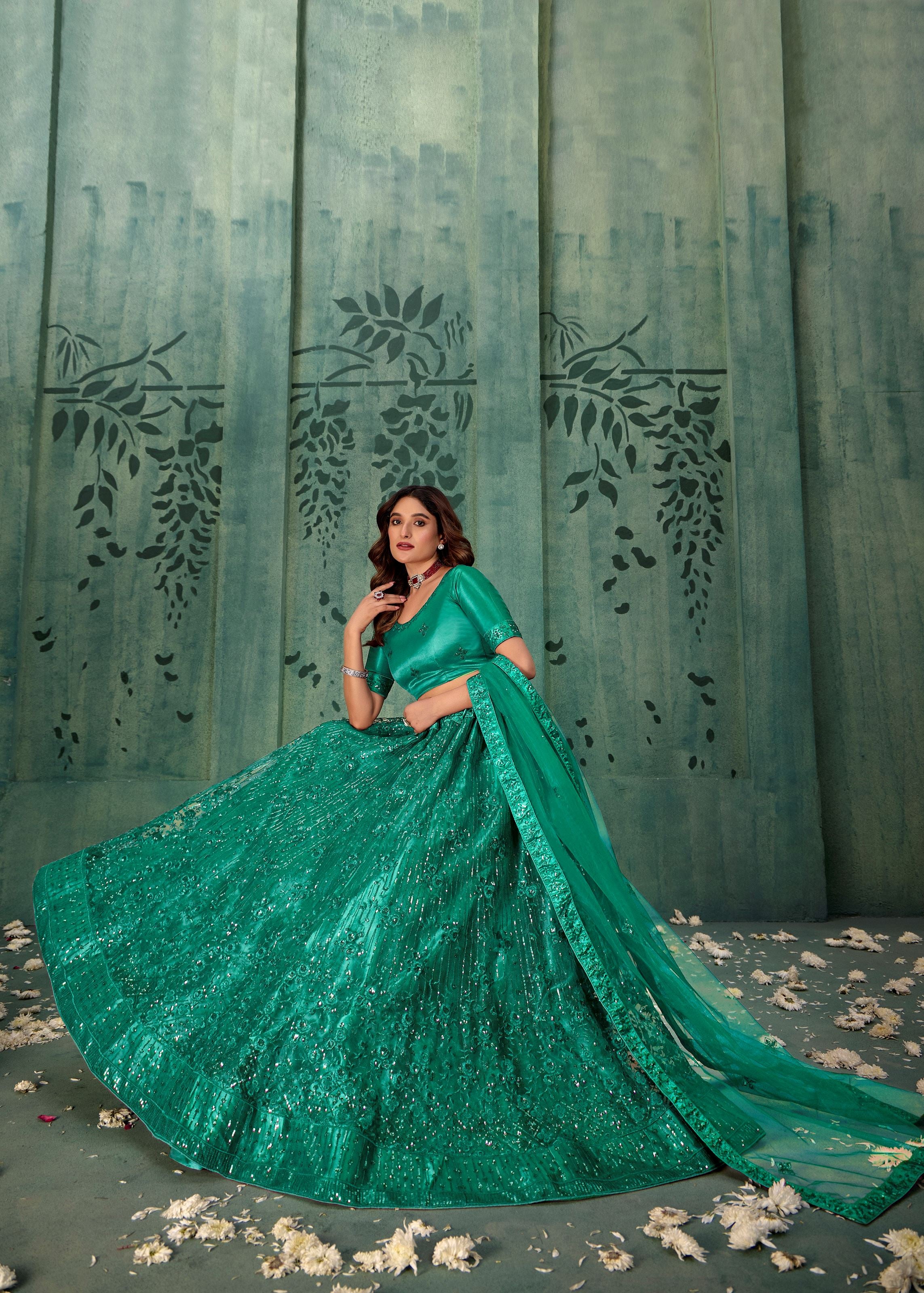 Persian Green Net Lehenga with Graceful Sequin Work