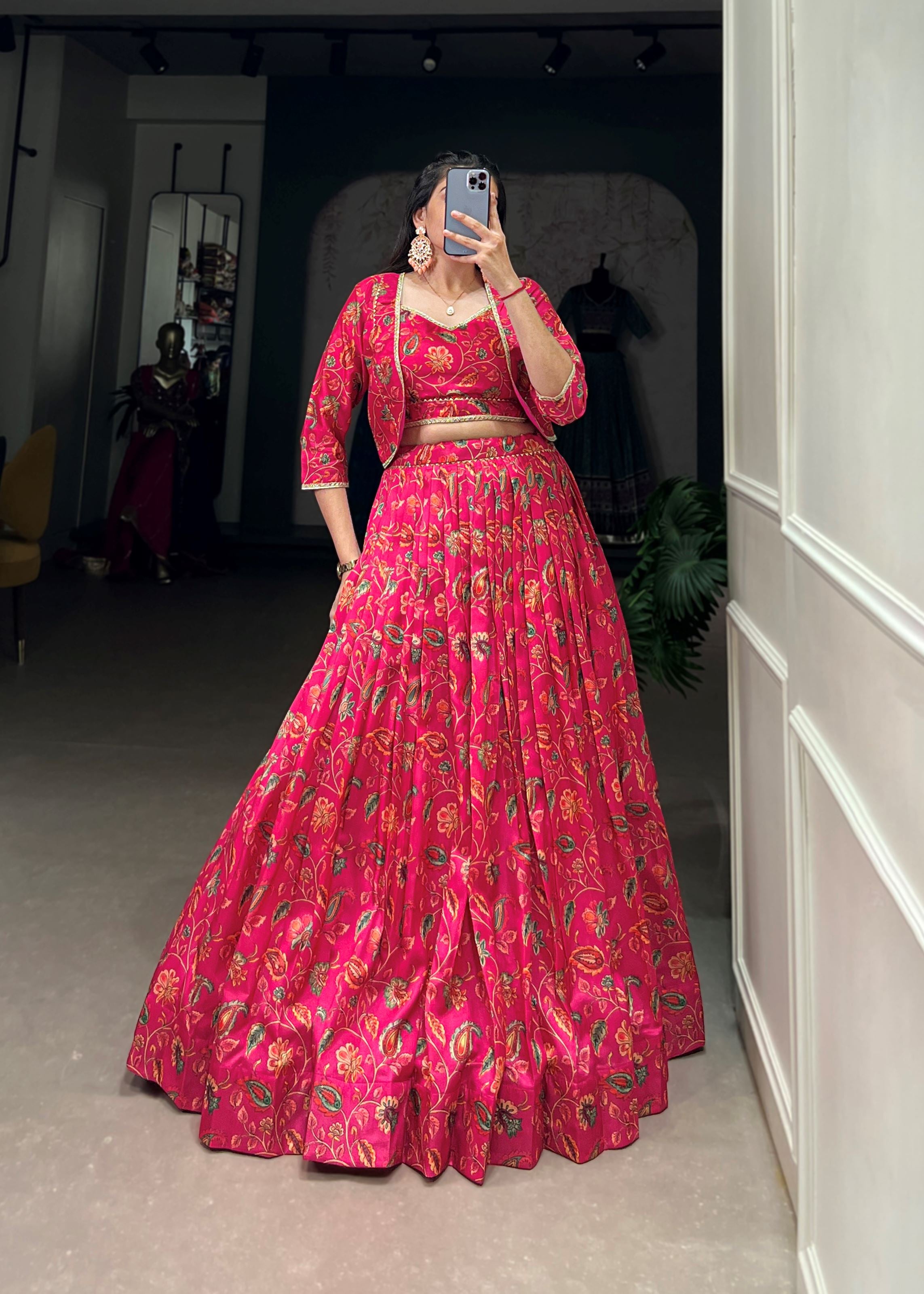 Pink Tussar Silk Lehenga with Delicate Florals  Gota Patti Details
