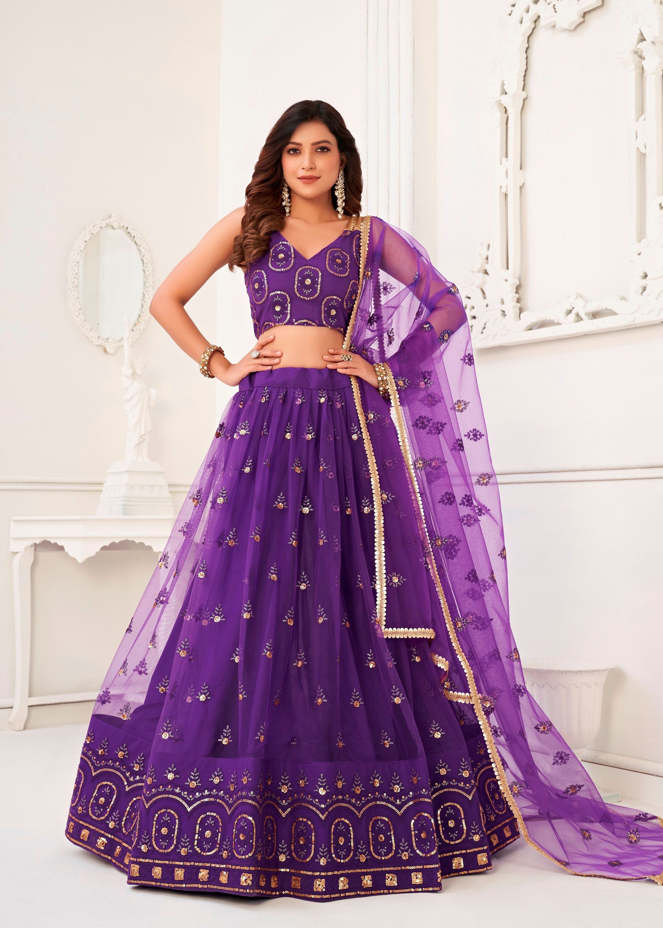 Purple Butterfly Net Lehenga Choli With  Thread And Zari Sandwich Sequence Embroidery Work