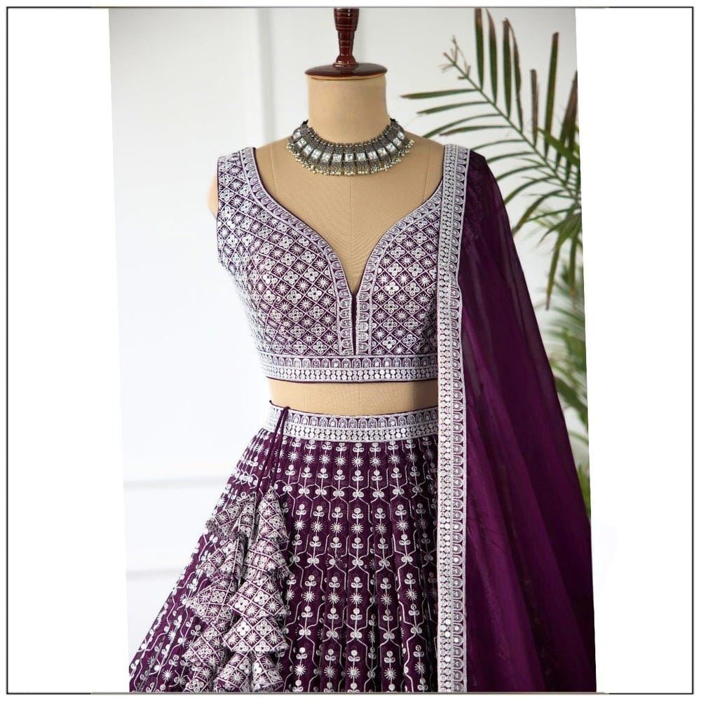 Purple Lehenga Choli With  Sequins With Cotton Thread Embroidery Work