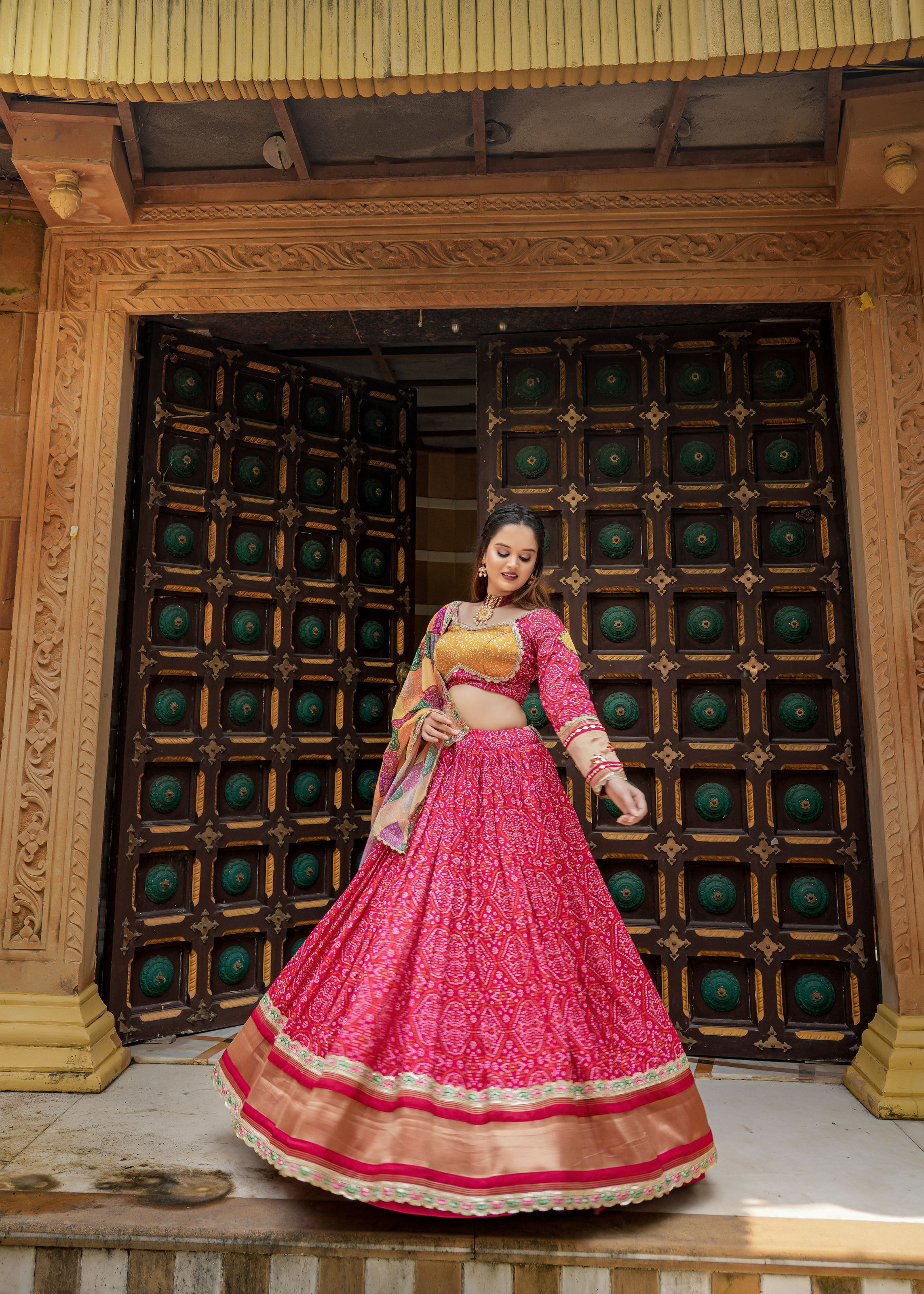 Rani Lehenga Choli With Heavy Discharge Print Heavy Embroidery Thread  Sequins Work